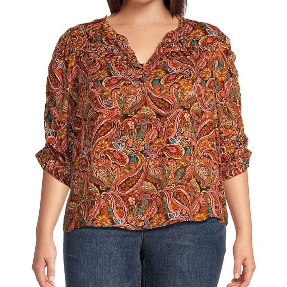 Democracy Paisley Top Women's Plus Size 2X Orange V-Neck Ruffle Trim Neck